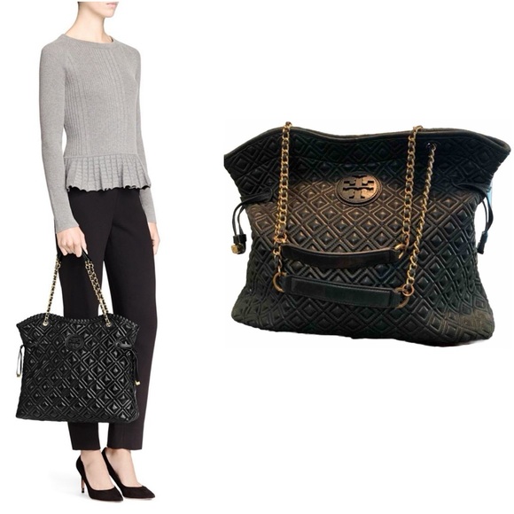 Tory Burch Marion Quilted Leather Slouchy Tote/Shoulder Bag in Black - Picture 12 of 13